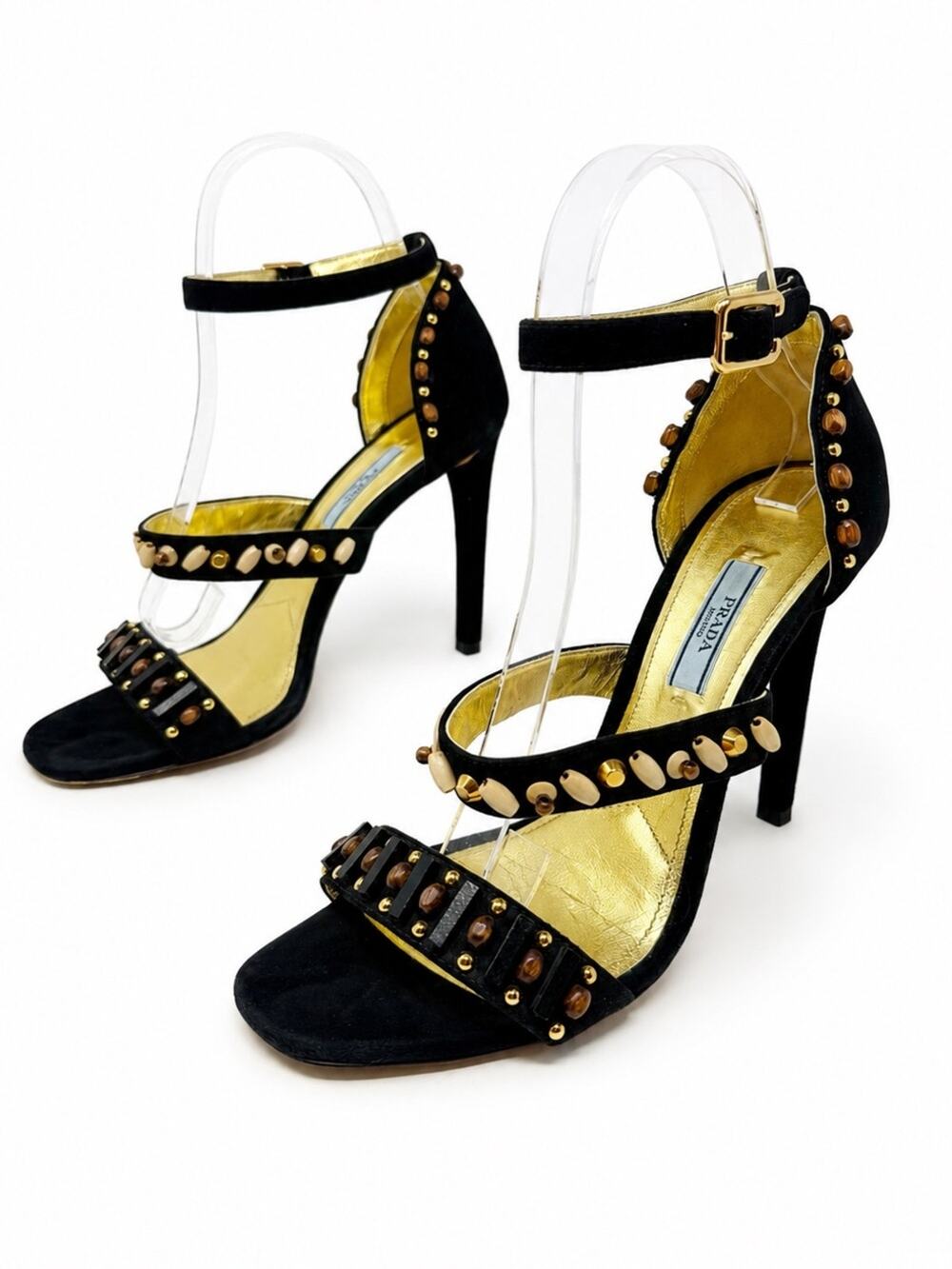 Prada Studded Suede Ankle Strap Sandal Heels Womens Size EU 38